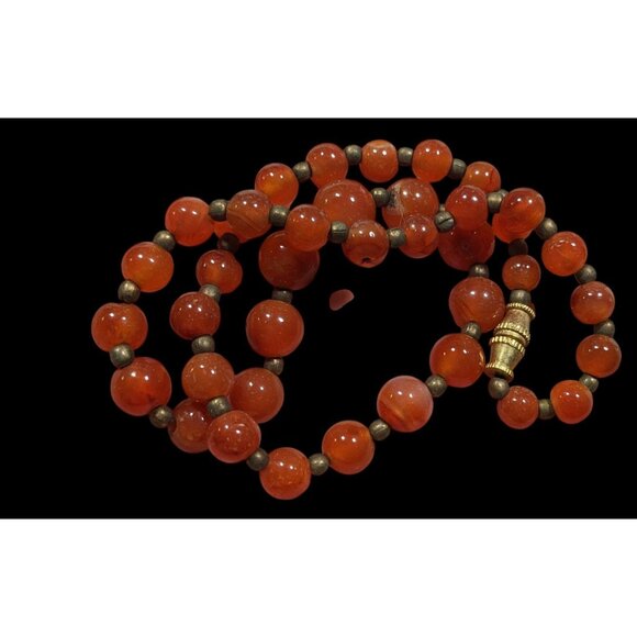 Vintage Polished Carnelian Beaded Necklace With Gold Tone Accent Beads - Picture 3 of 6